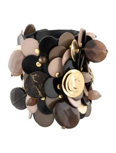Pre-owned Sportmax Crystal, Enamel & Leather Embellished Wrap Bracelet In Brown