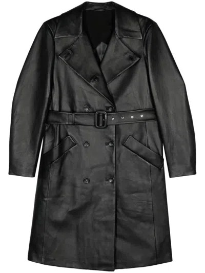 Sportmax Double-breasted Black Leather Coat With Belted Waist