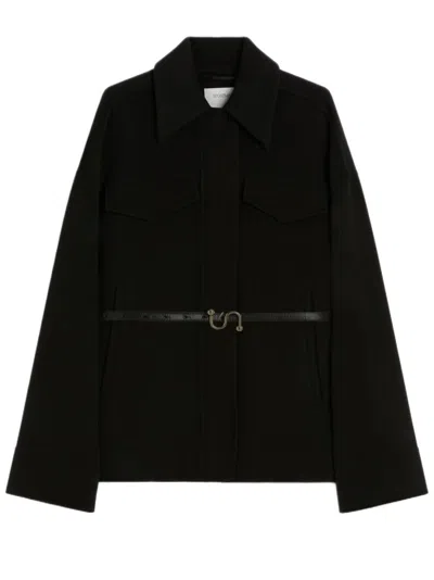 Sportmax Double Wool Caban With Shirt Collar And Leather Belt In Black