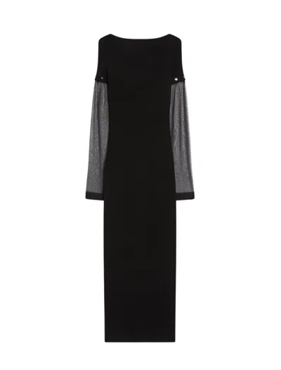 Sportmax Sleeve Button Detail Off-shoulder Ribbed Sheer Dress In Black