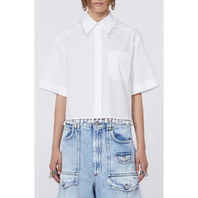 Sportmax Faux Pearl Embellished Boxy Cotton Poplin Button-up Shirt In White