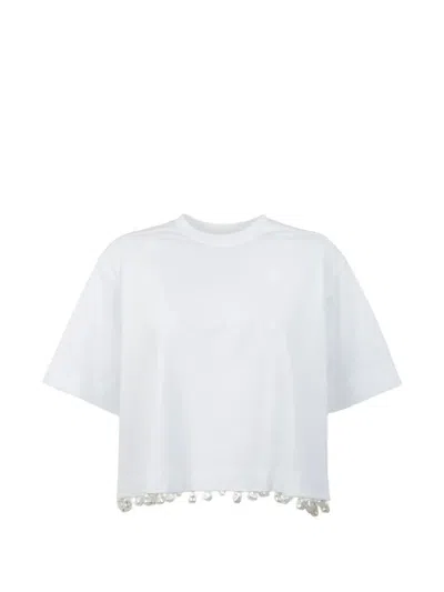 Sportmax Palmas Cropped Embroidered Pearl Cotton T-shirt In White