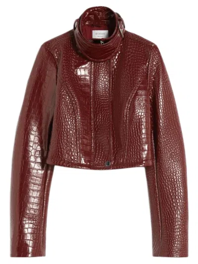 Sportmax Fitted Polo-neck Zip Jacket With Alligator-embossed Patent-leather Finish In Burgundy