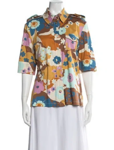 Pre-owned Sportmax Floral Print Short Sleeve Button-up Top In Multicolor