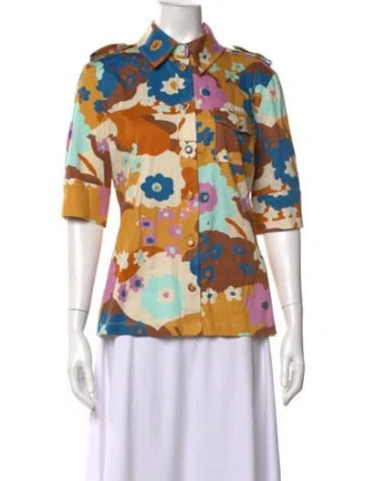 Pre-owned Sportmax Floral Print Three-quarter Sleeve Button-up Top In Yellow