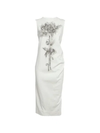 Pre-owned Sportmax Floral-print Denim Midi Dress In White
