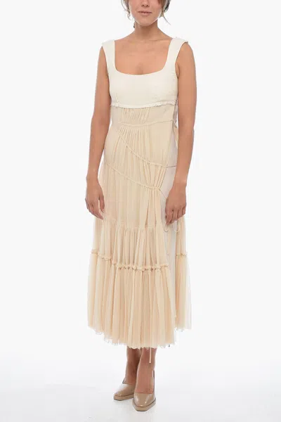 Sportmax Flounced Maxi Dress With Lace-up Profile In Beige