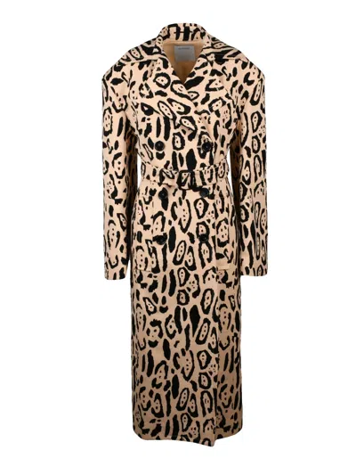 Sportmax Grembo Cotton Trench Coat With Abstract Animal Print And Belted Waist In Neutral