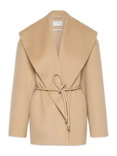 Sportmax Hand-sewn Double Virgin Wool Blazer With Wide Scarf Collar, Double-layer Lapels & Tubular B In Neutral