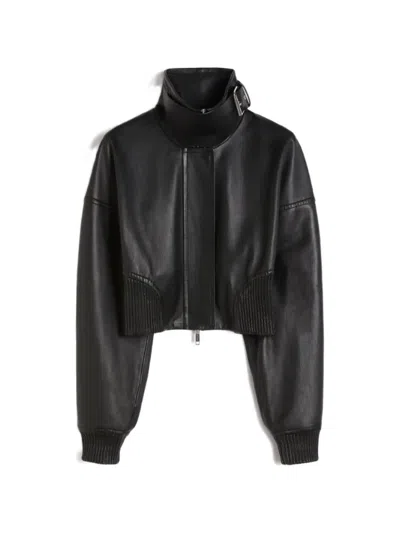 Sportmax Cropped Leather Jacket With High Collar And Zip Closure In Blue