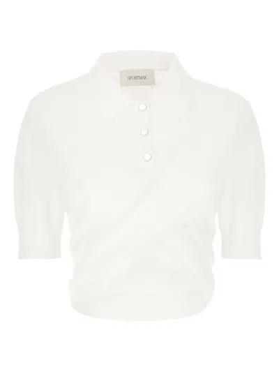 Sportmax Wrap-design White T-shirt With Polo Collar And Button Details