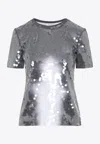 Sportmax Fitted Grey T-shirt With Hexagonal Sequin Detailing In Silver
