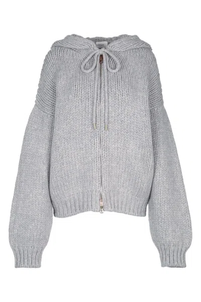 Sportmax Knitwear With Drawstring Hood And Ribbed Texture In Gray
