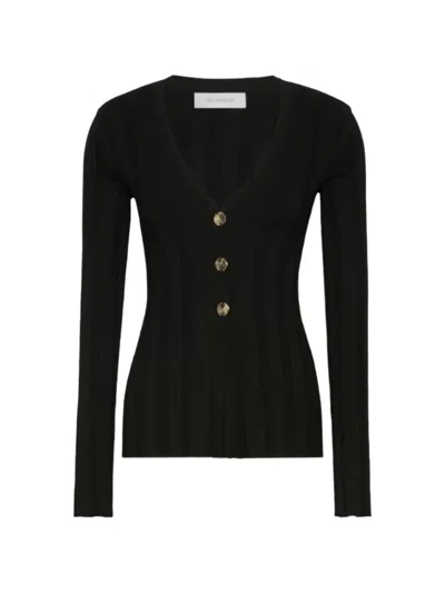 Sportmax V Neck Ribbed Long Sleeve Fitted Top In Black