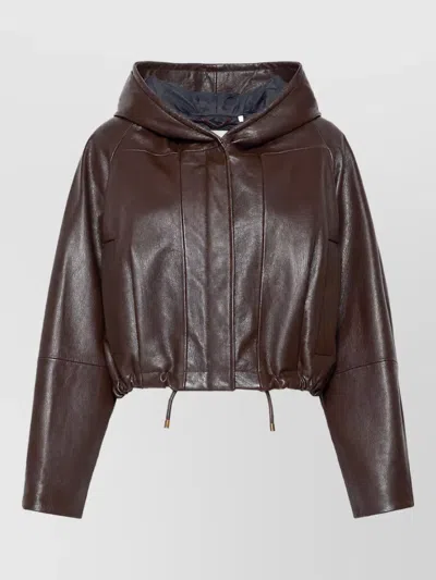 Sportmax Leather Hooded Quilted Bomber Jacket In Brown