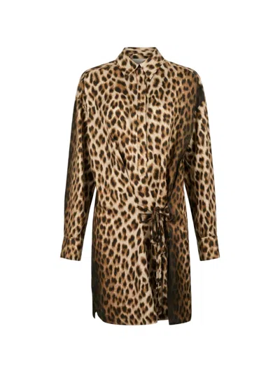 Sportmax Leopard-print Silk Mini Shirt Dress In Brown