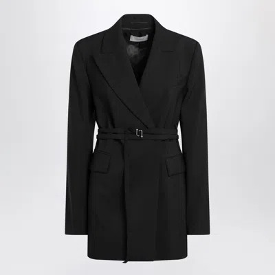 Sportmax Long Double-breasted Black Jacket With Belt In Multi