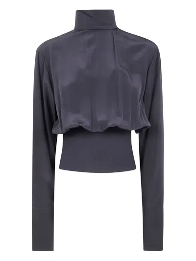 Sportmax High Neck Long Sleeve Ribbed Top In Blue