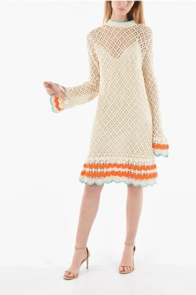Sportmax Long Sleeve Perforated Knitted Dress In White