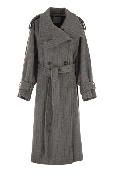 Sportmax Max Mara  Arold1234 - Pure Wool Pinstriped Trench Coat In Gray