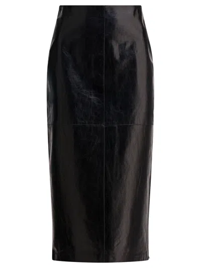 Sportmax High Waist Leather Midi Skirt With Slit In Black