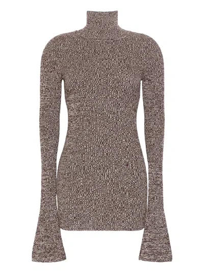 Sportmax Merino Wool Zip-slit Mock-neck Sweater With Flared Cuffs In Brown