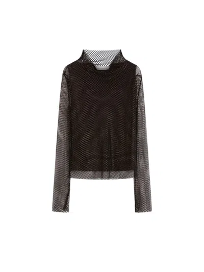 Sportmax Mesh T Shirt With Rhinestones Black In Brown