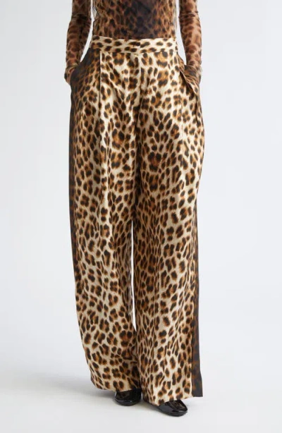 Sportmax Oblo Leopard Print Silk Twill Wide Leg Pants In Animal Print