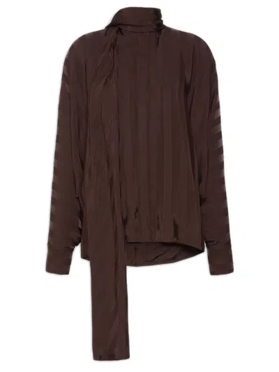 Sportmax Oversize Striped Satin Button-up Shirt In Pure Viscose In Brown