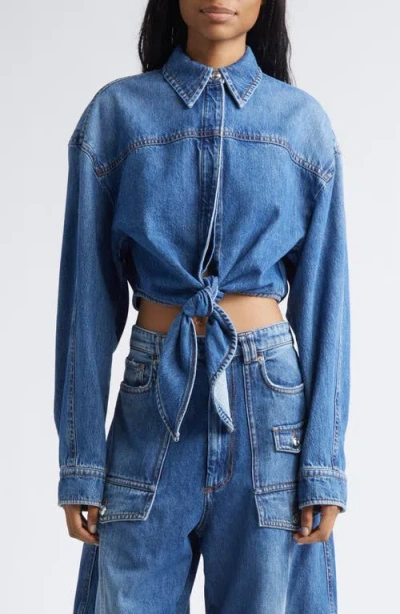 Sportmax Pevera Crop Tie Front Denim Button-up Shirt In Blue