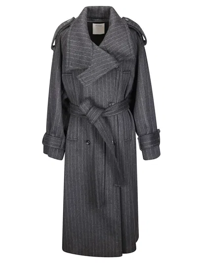 Sportmax Pinstripe Wool Coat With Double-breasted Closure And Removable Belt In Gray