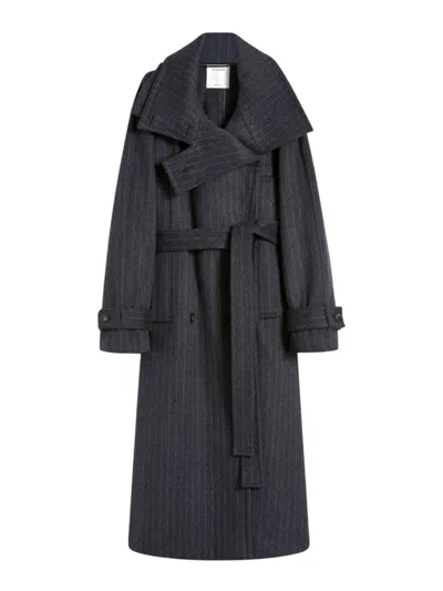 SPORTMAX PINSTRIPED PURE WOOL TRENCH COAT - RUNWAY - ANTHRACITE