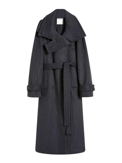 Sportmax Pinstriped Pure Wool Trench Coat Runway Anthracite In Black