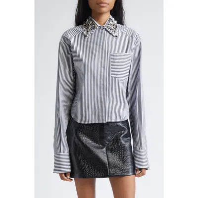 Sportmax Quagga Stripe Embellished Collar Cotton Button-up Shirt In Blue