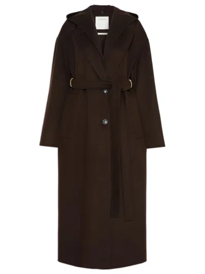 Sportmax Removable Inner Bib And Hood Loose-fit Virgin Wool Coat With Belt And Flap Pockets In Brown