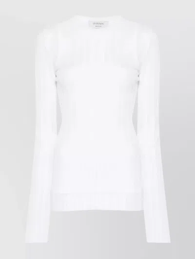 Sportmax Ribbed Crewneck Top With Sheer Long Sleeves In White