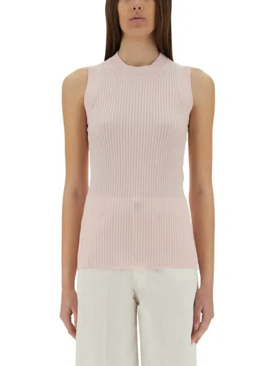Sportmax Ribbed Sleeveless Top With High Round Neckline In Gold