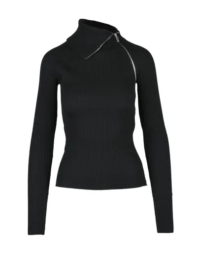 Sportmax Ribbed Turtleneck Sweater With Asymmetrical Silver Zipper Detail In Black