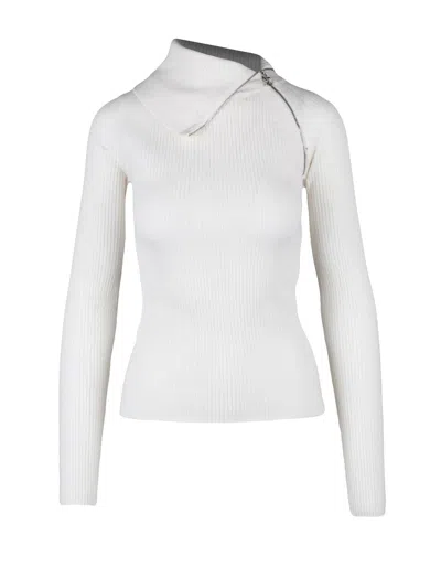 Sportmax Ribbed Turtleneck Sweater With Asymmetrical Zip Detail In White