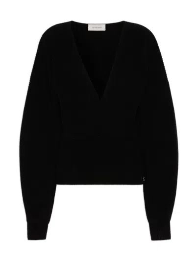 Sportmax Ribbed V-neck Sweater With Metal Logo In Black