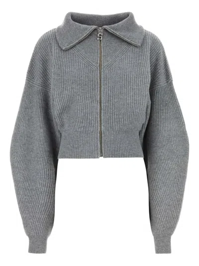 Sportmax Ribbed Zip-up Cardigan In Gray
