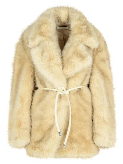 Sportmax Belted Faux Fur Long Jacket In Brown