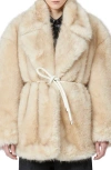 Sportmax Belted Faux Fur Coat With Long Sleeves In Neutral