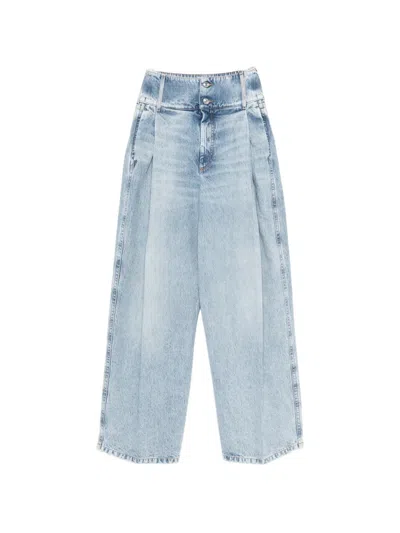 Sportmax Salbatro Button-embellished Pleated Denim Trousers In Blue