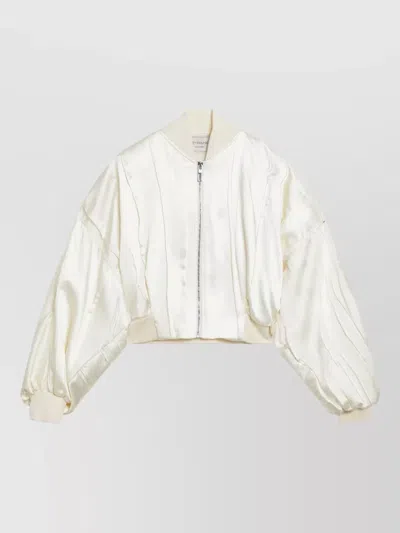 Sportmax Satin Bomber Jacket Cropped Ribbed Trims In White