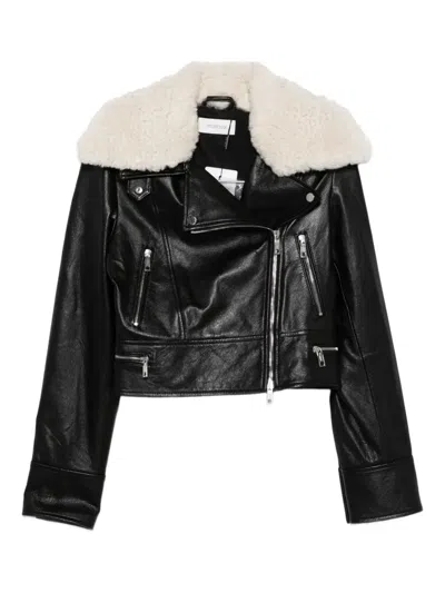 Sportmax Shearling-collar Leather Jacket In Black