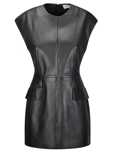Sportmax Short Lambskin Leather Dress With Zip Closure And Front Pockets In Gray