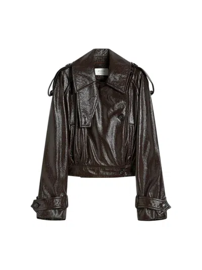 SPORTMAX SPORTMAX SHORT PATENT-EFFECT TRENCH COAT - RUNWAY - COFFEE