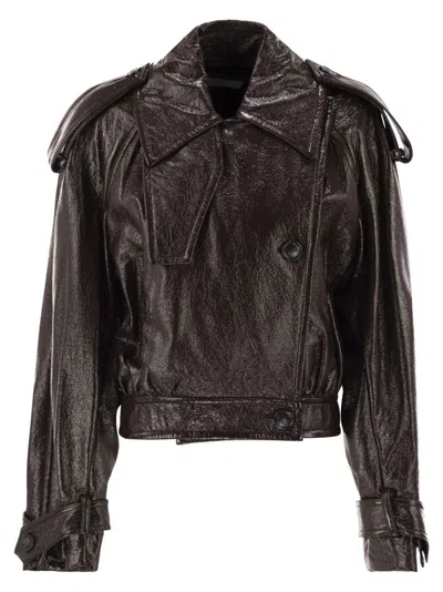 SPORTMAX SHORT TRENCH COAT WITH PATENT EFFECT AND BOMBER INSPIRED DETAILS