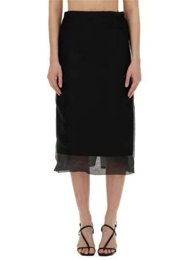 Sportmax Silk Midi Skirt With Sheer Hem And Concealed Zipper In Black